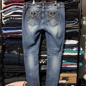 Miss Me Blue Skinny Jeans with Silver Embroidery